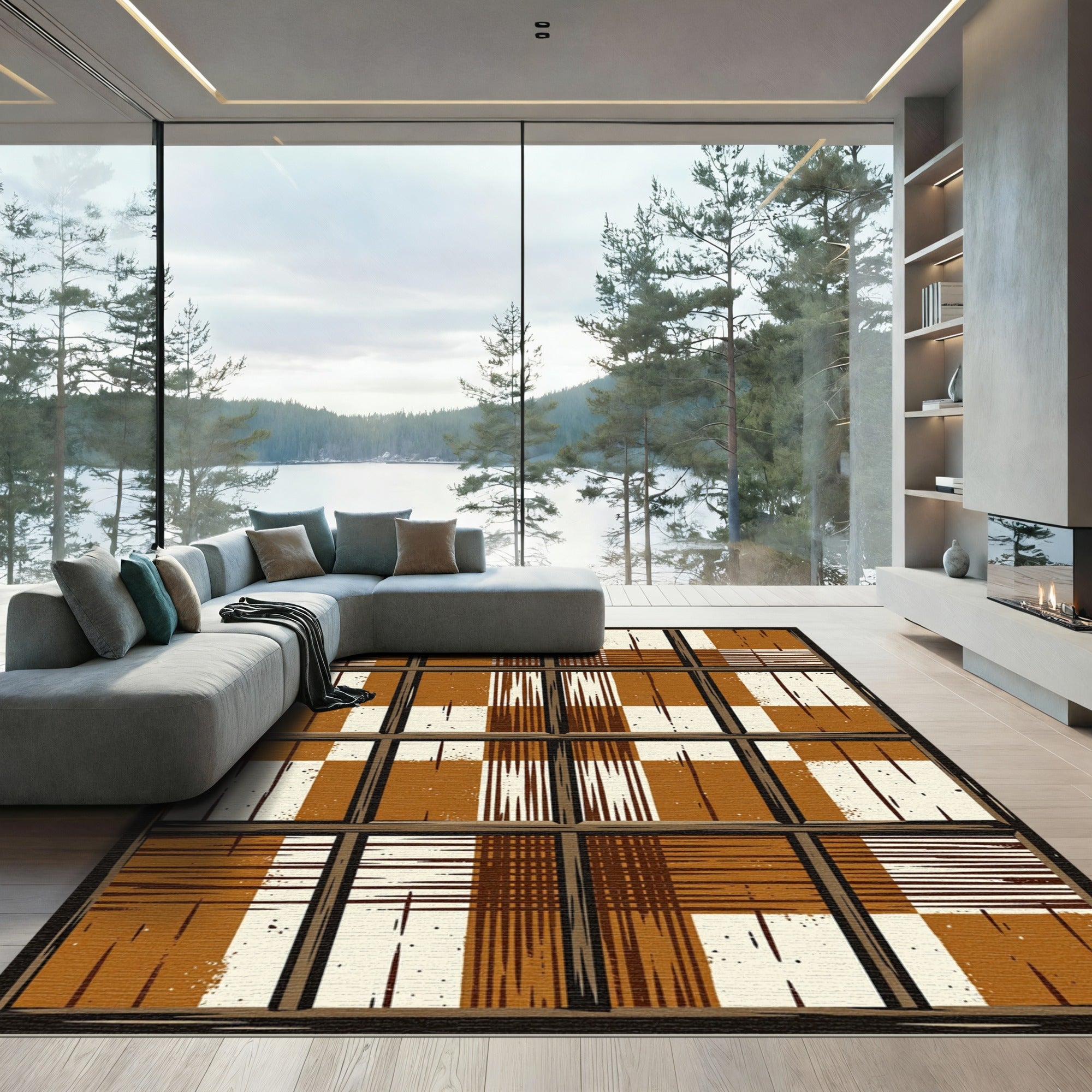 Modern Earthy Grid Plaid Rug