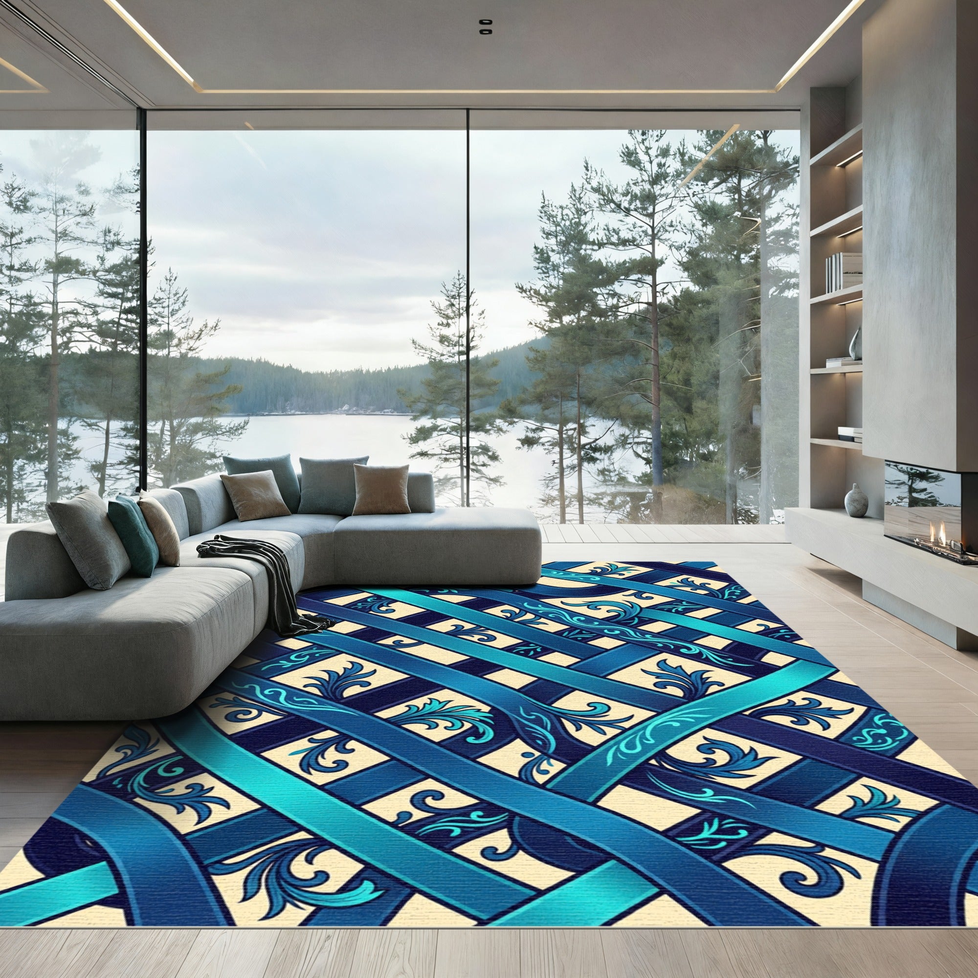 Interlocking Cobalt Teal Filigree Ribbon Rug
