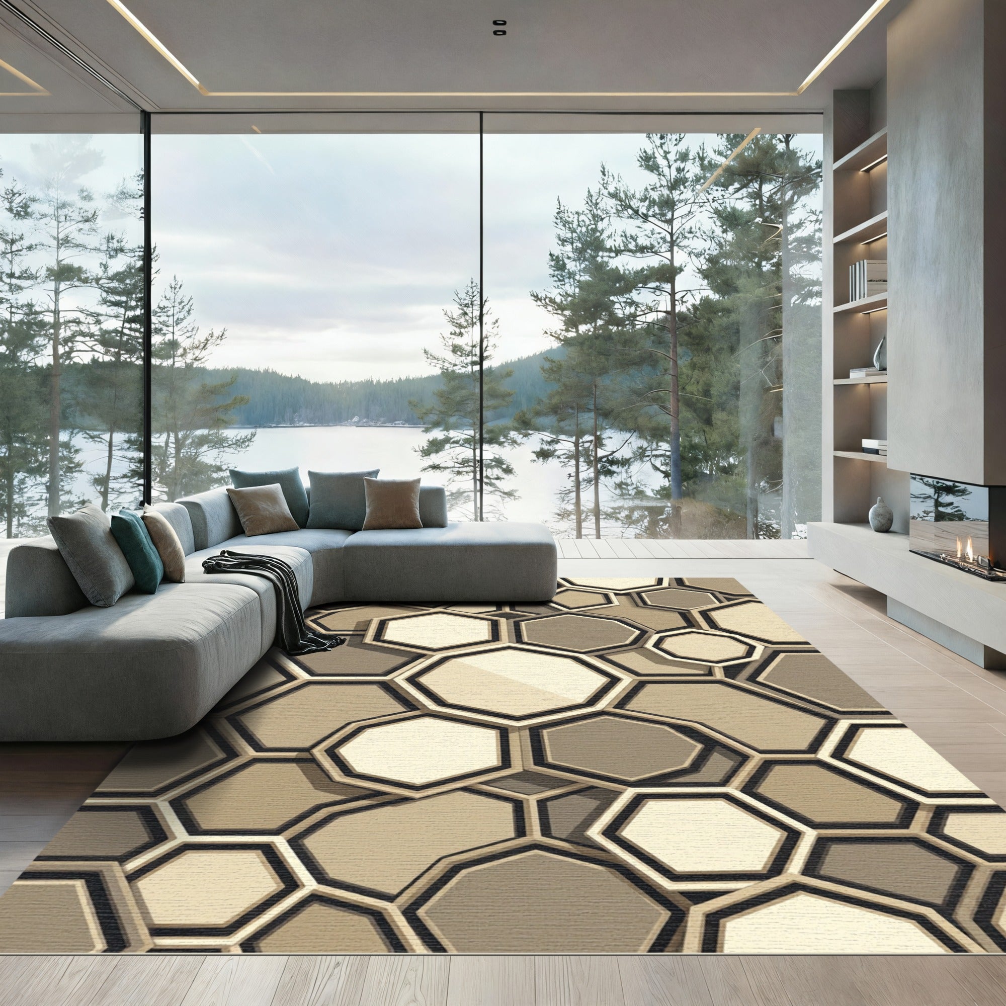 Neutral Multi Hexagon Interlocking Rug