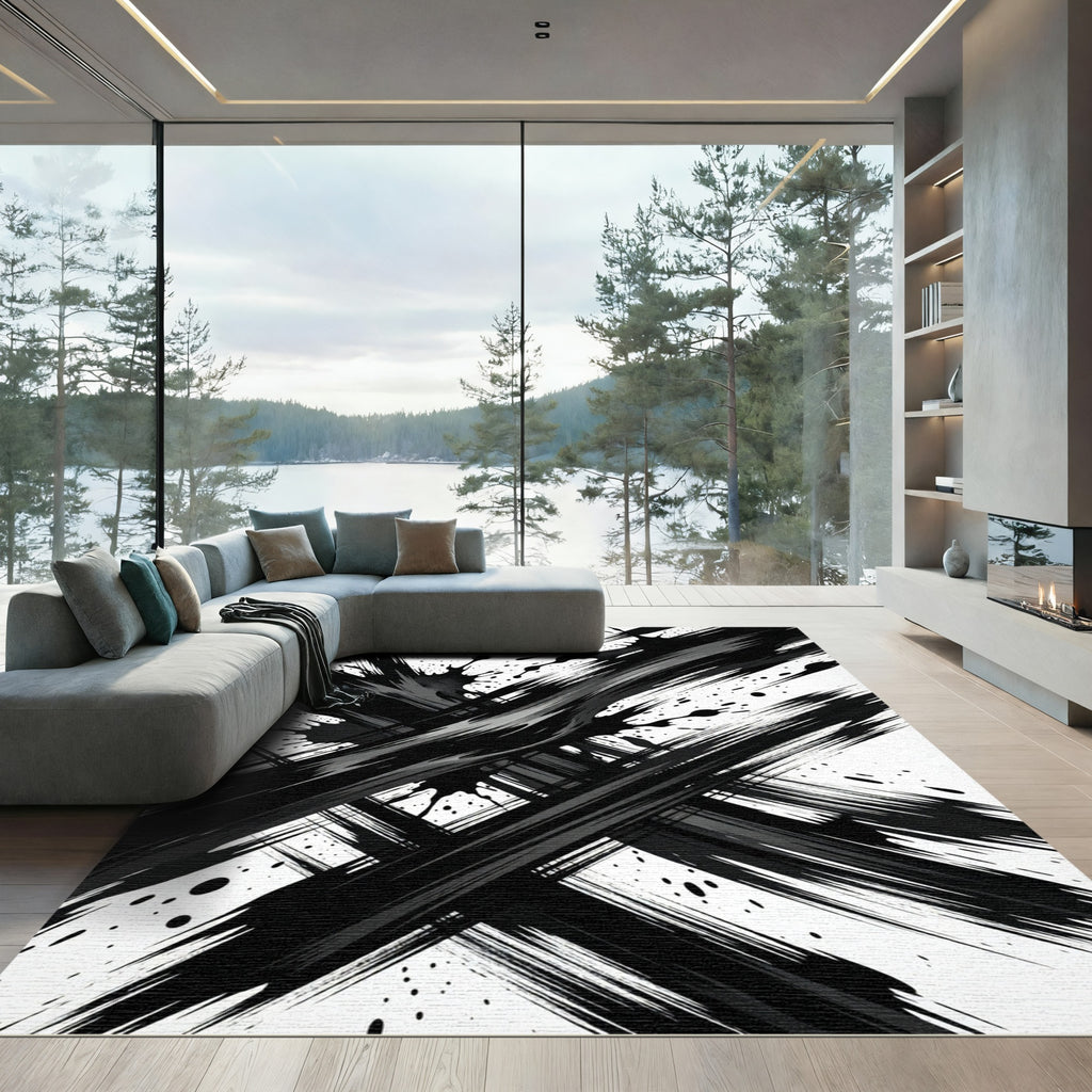 Monochromatic Abstract Black Ink Brush Stroke Rug