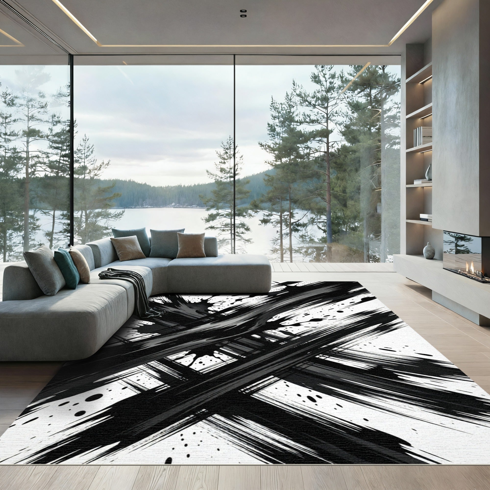 Monochromatic Abstract Black Ink Brush Stroke Rug
