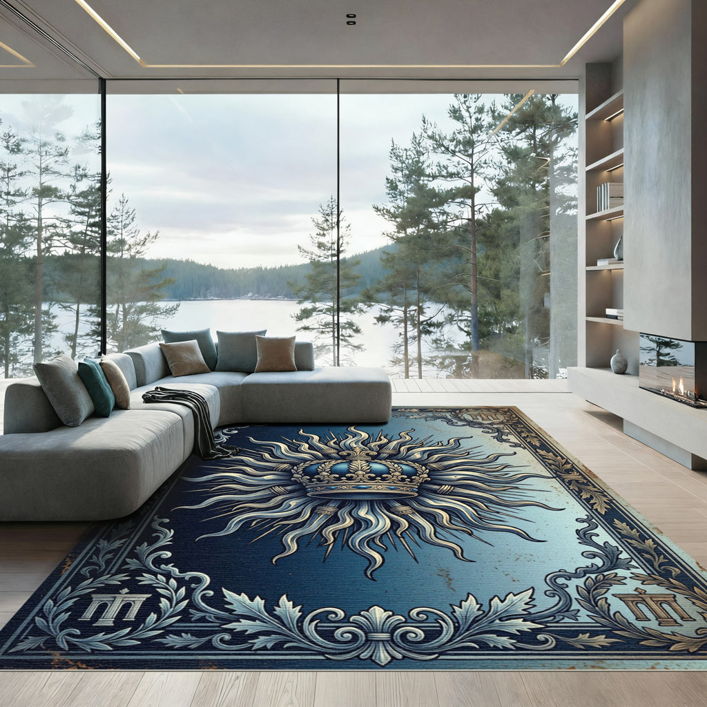 Royal Blue Sunburst Crown Emblem Rug