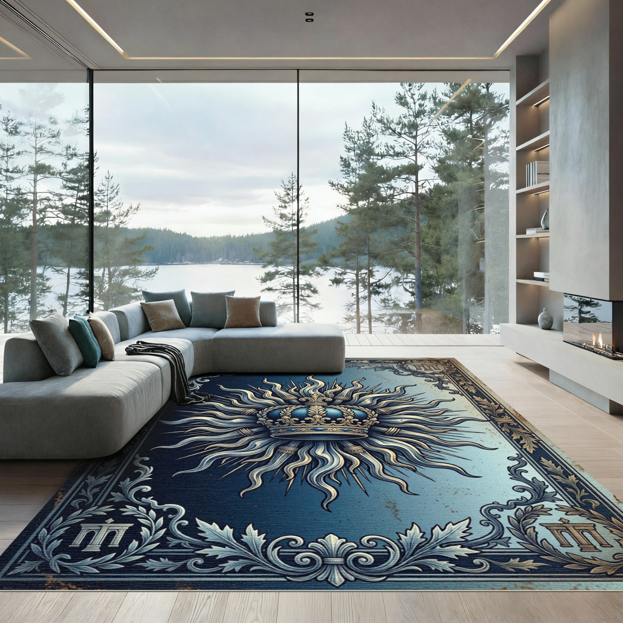 Royal Blue Sunburst Crown Emblem Rug