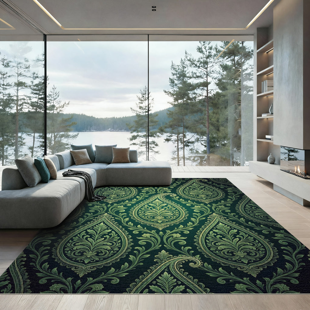 Emerald Green Ornate Paisley Scroll Rug