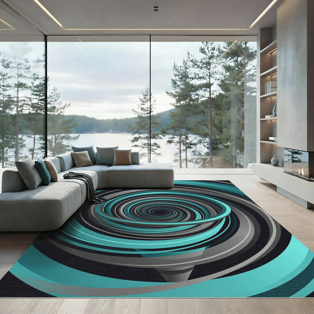 Modern Teal Gray Swirling Vortex Rug