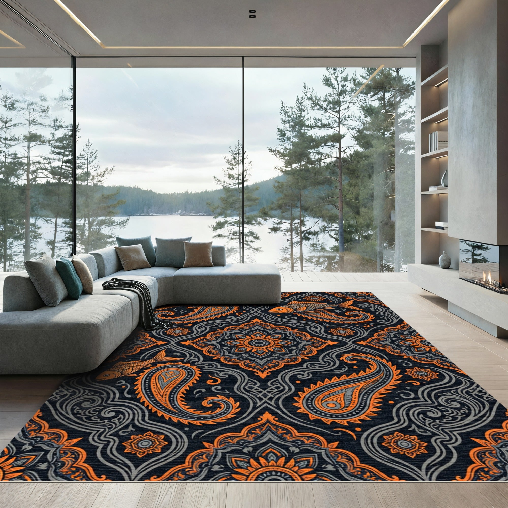 Exotic Orange Fish Paisley Brocade Rug