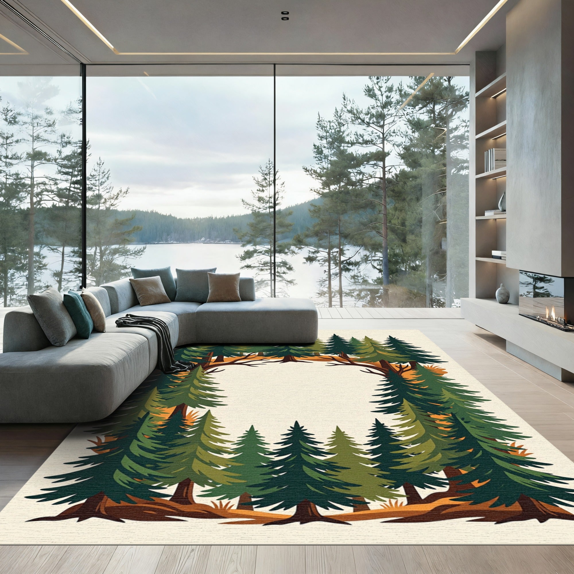 Evergreen Forest Pine Tree Border Rug