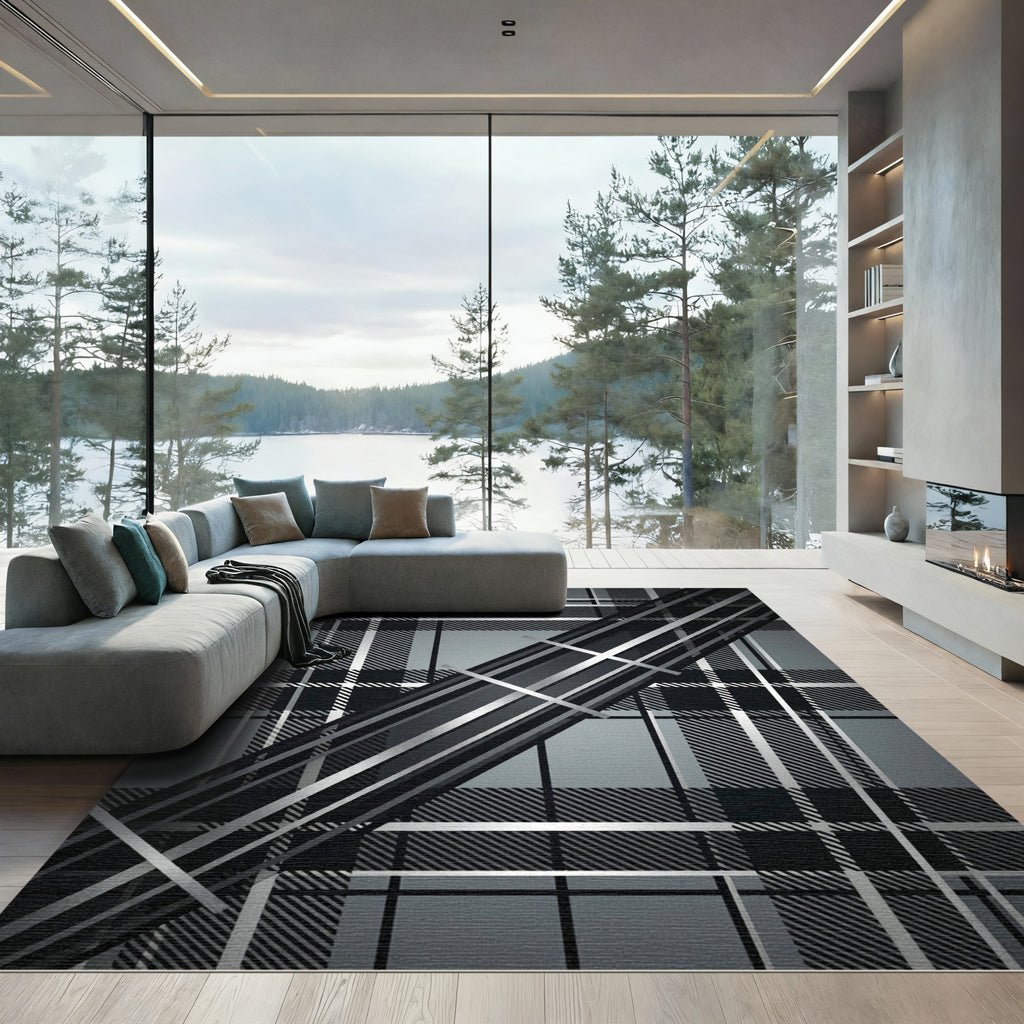 Gray Black Plaid Diagonal Stripe Rug