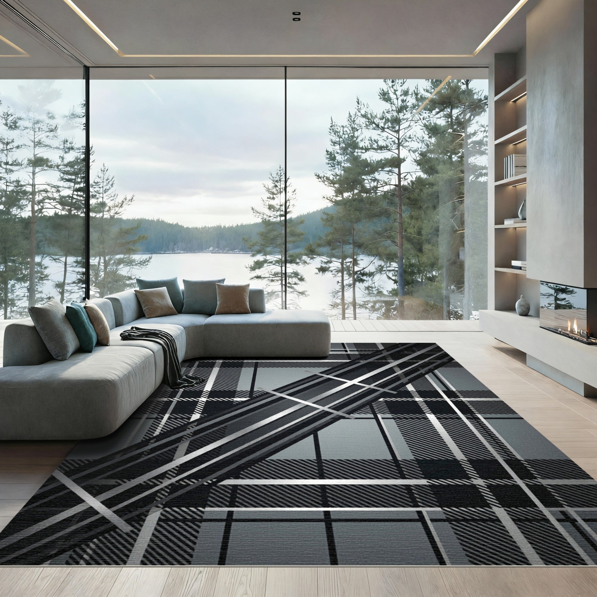 Gray Black Plaid Diagonal Stripe Rug
