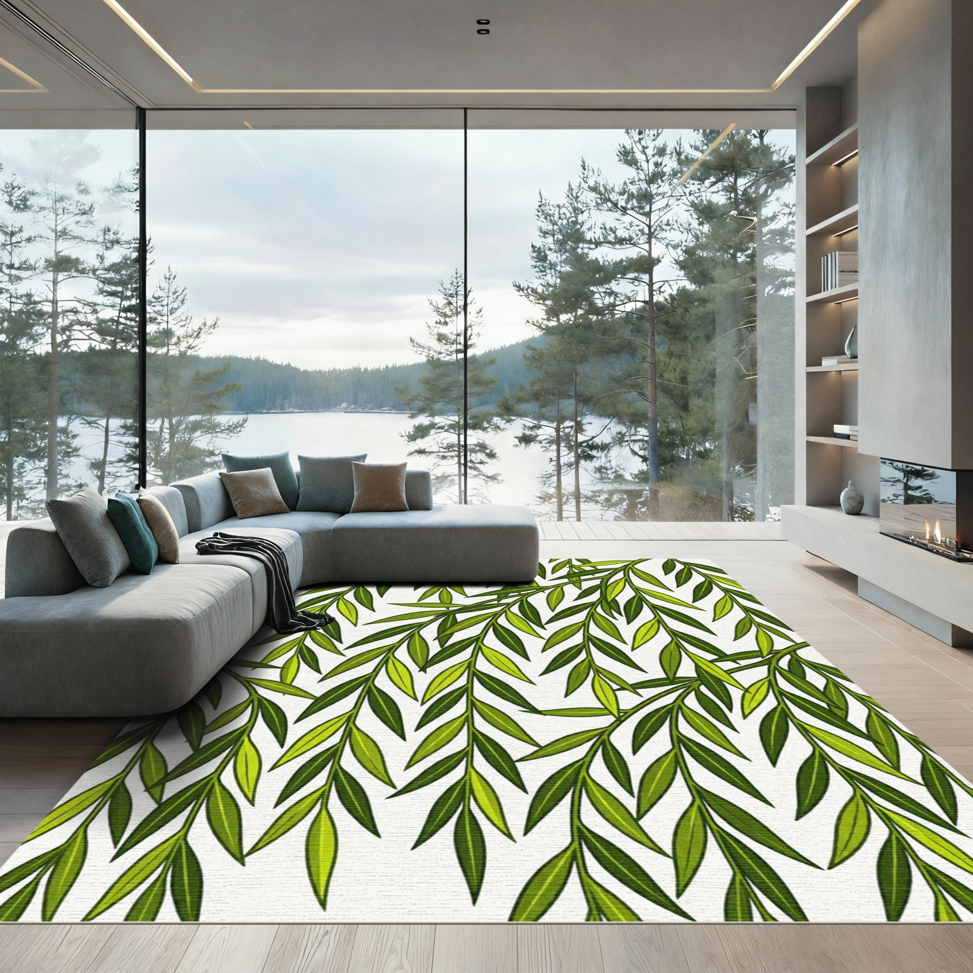 Vibrant Green Leafy Branch Arrangement Rug