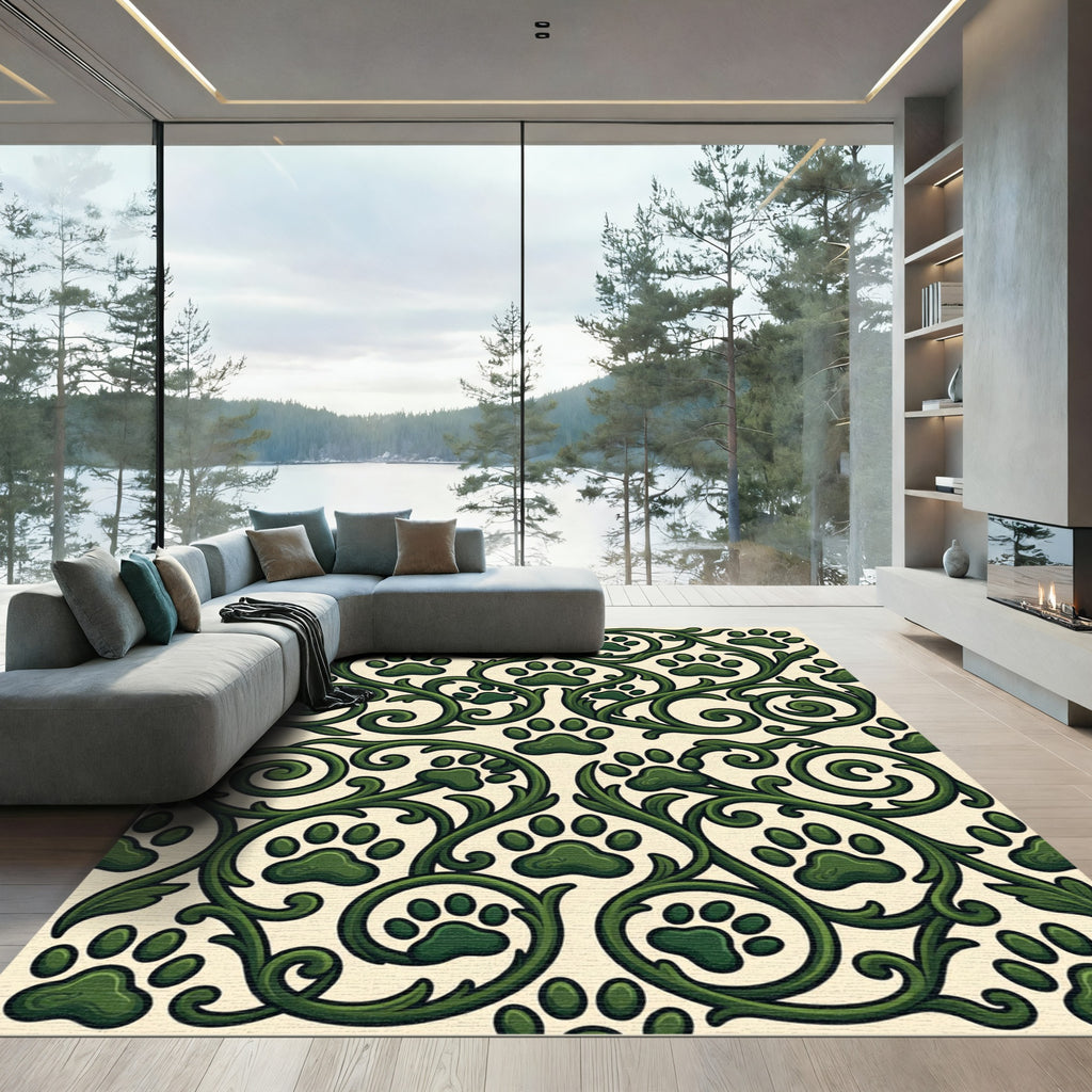 Emerald Scrollwork Paw Print Botanical Rug