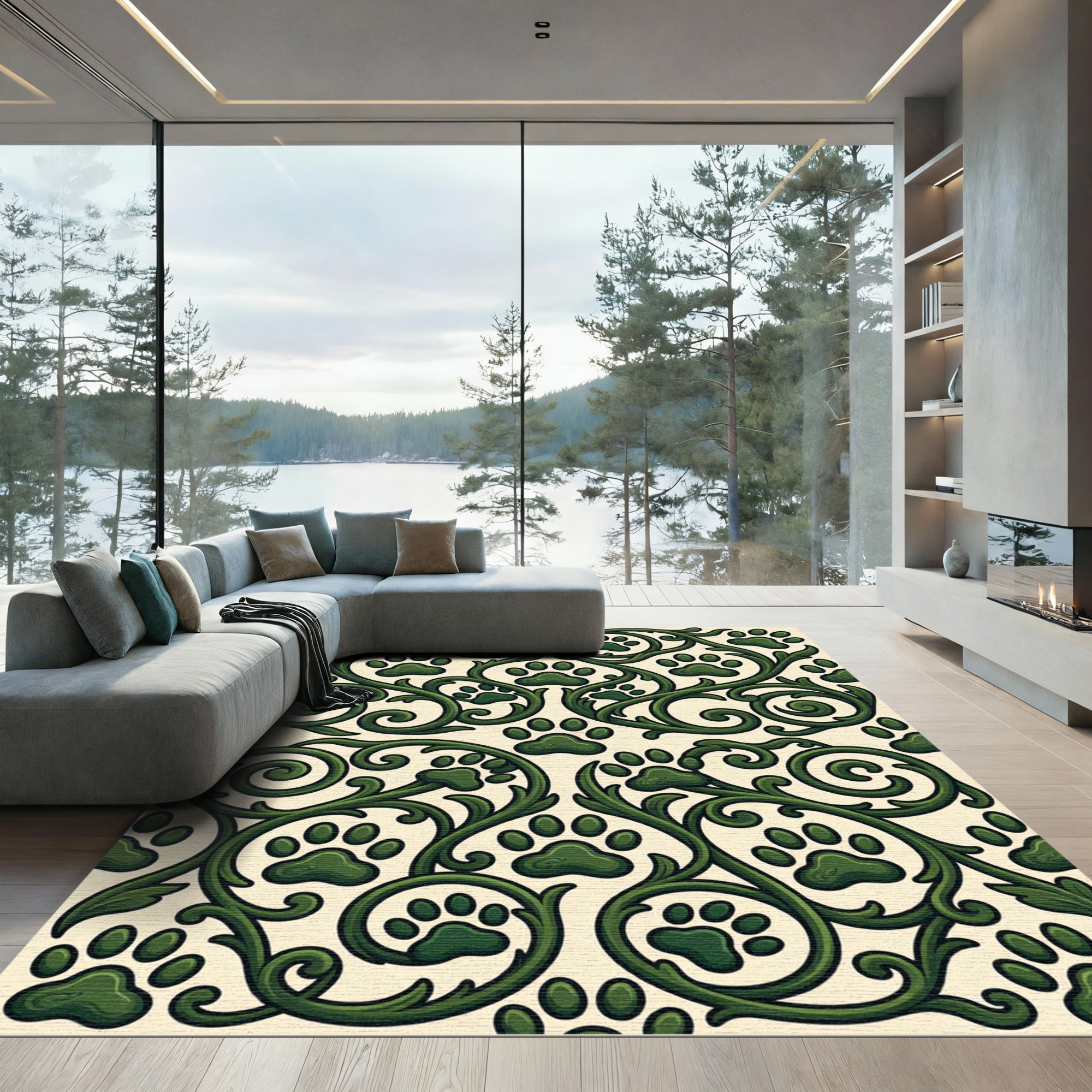 Emerald Scrollwork Paw Print Botanical Rug