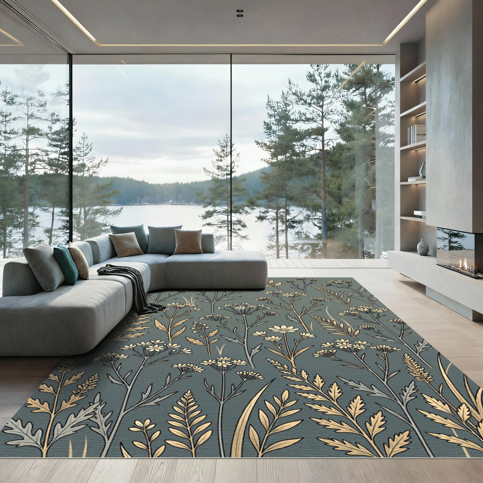 Sage Green Botanical Meadow Field Rug