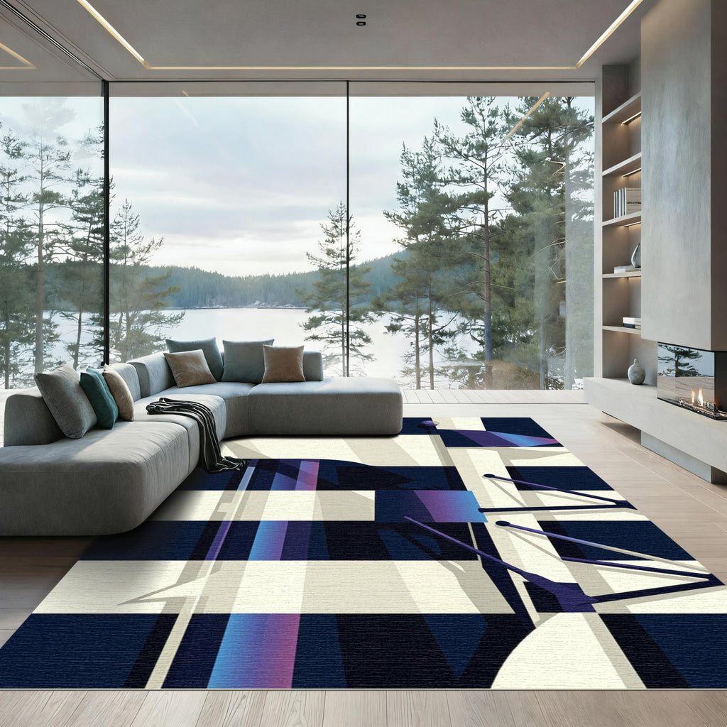 Modern Navy and White Geometric Stripe Rug