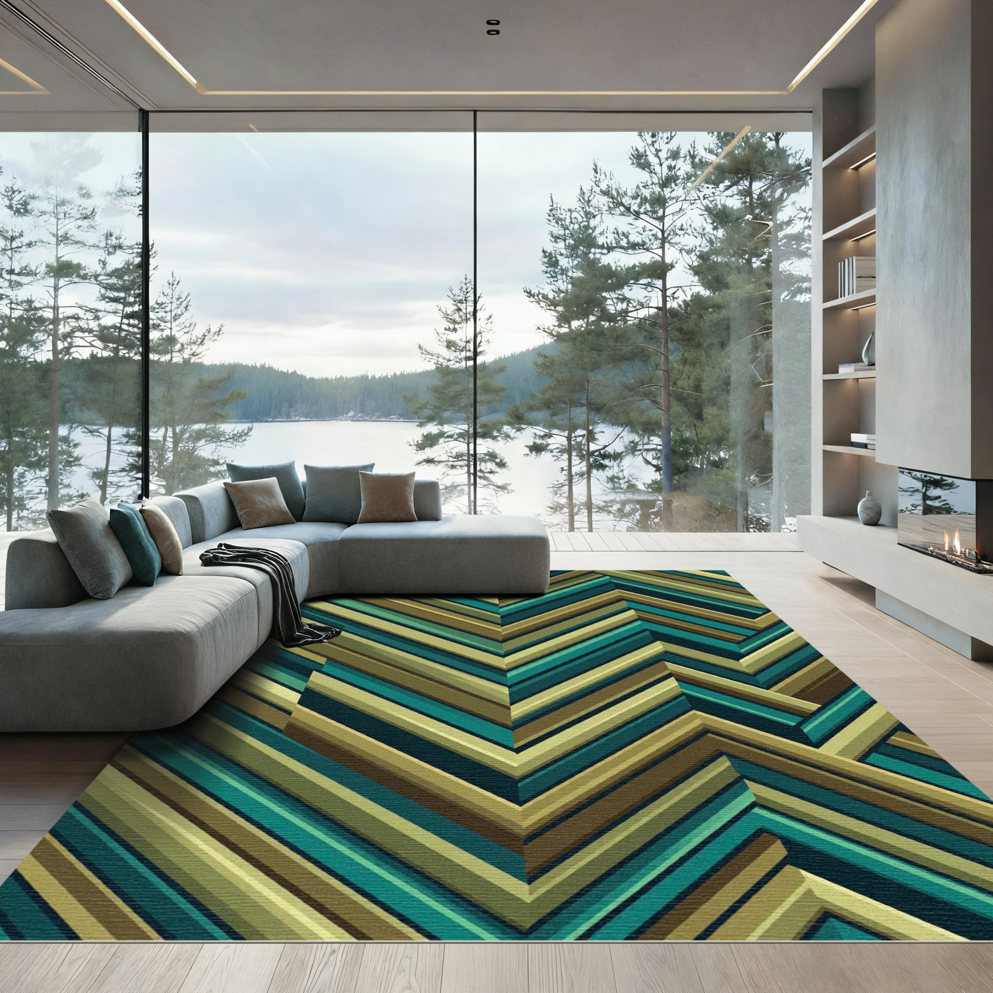 Modern Teal and Gold Chevron Rug