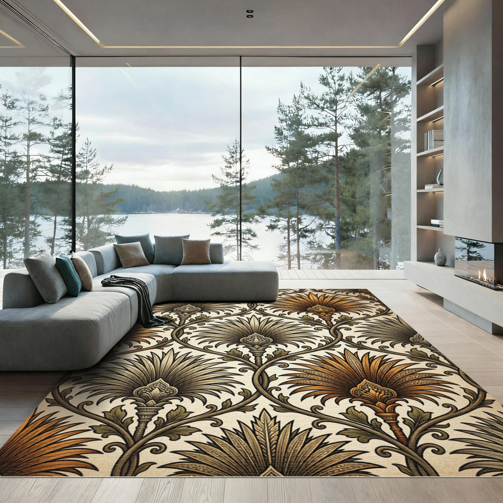 Vintage Metallic Gold Palm Leaf Damask Rug