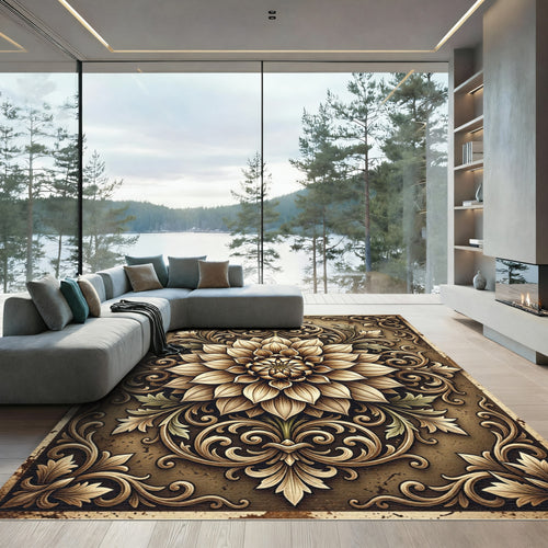 Antique Golden Ornate Floral Scroll Rug