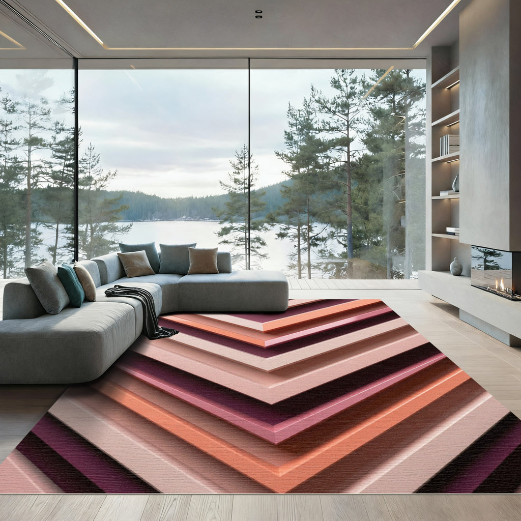 Coral Pink Geometric Chevron Layers Rug