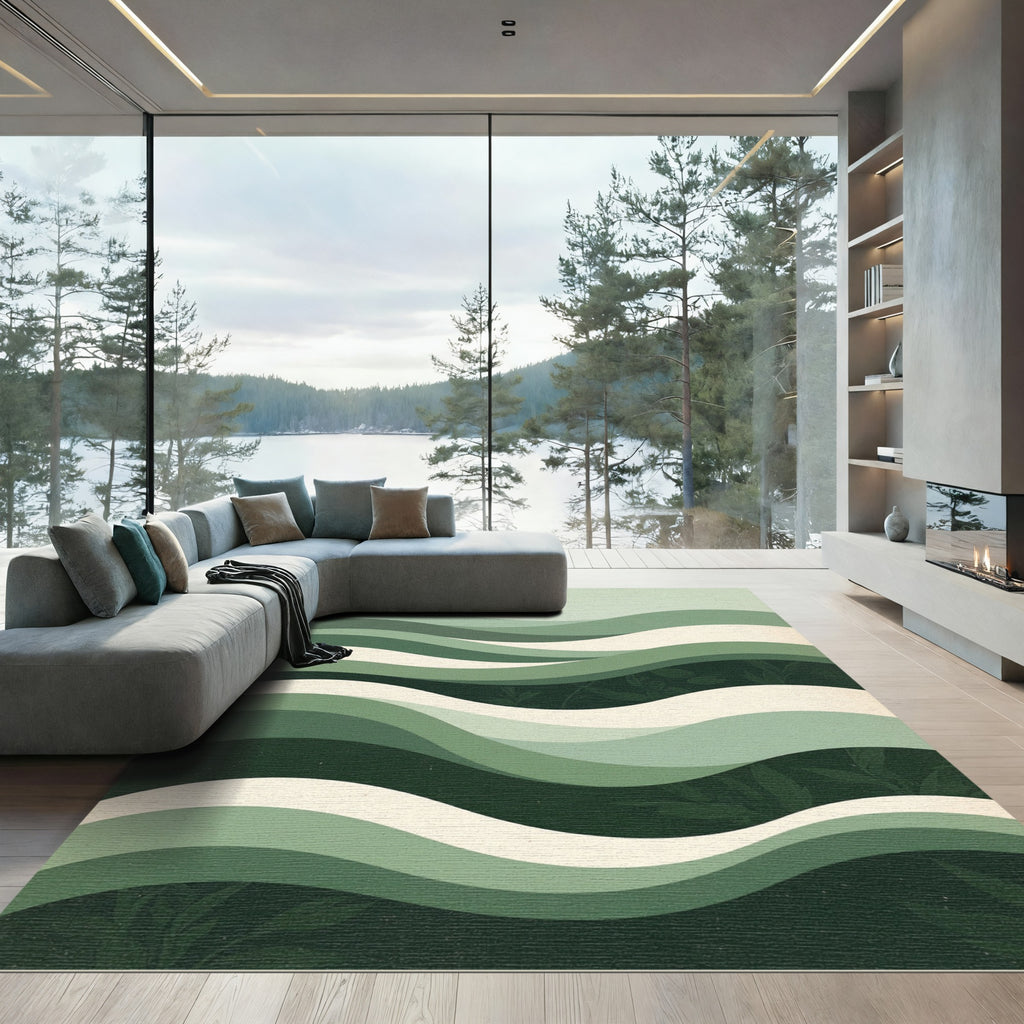 Sage Green Wavy Botanical Landscape Rug