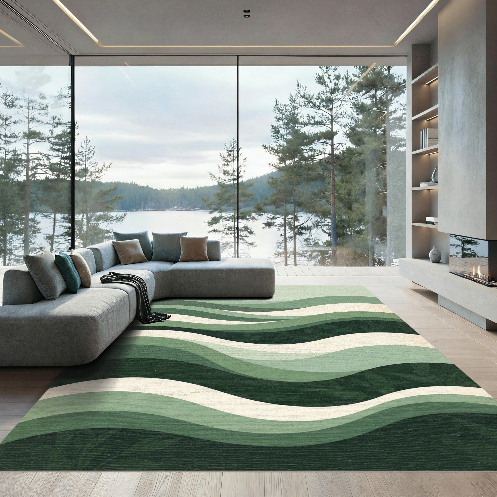 Sage Green Wavy Botanical Landscape Rug