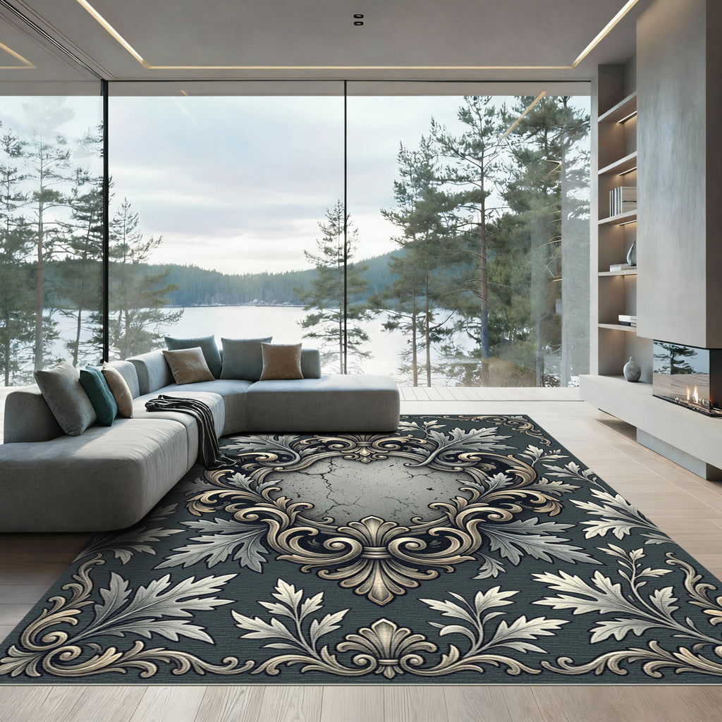 Elegant Slate Gray Ornate Damask Medallion Rug