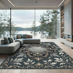Elegant Slate Gray Ornate Damask Medallion Rug
