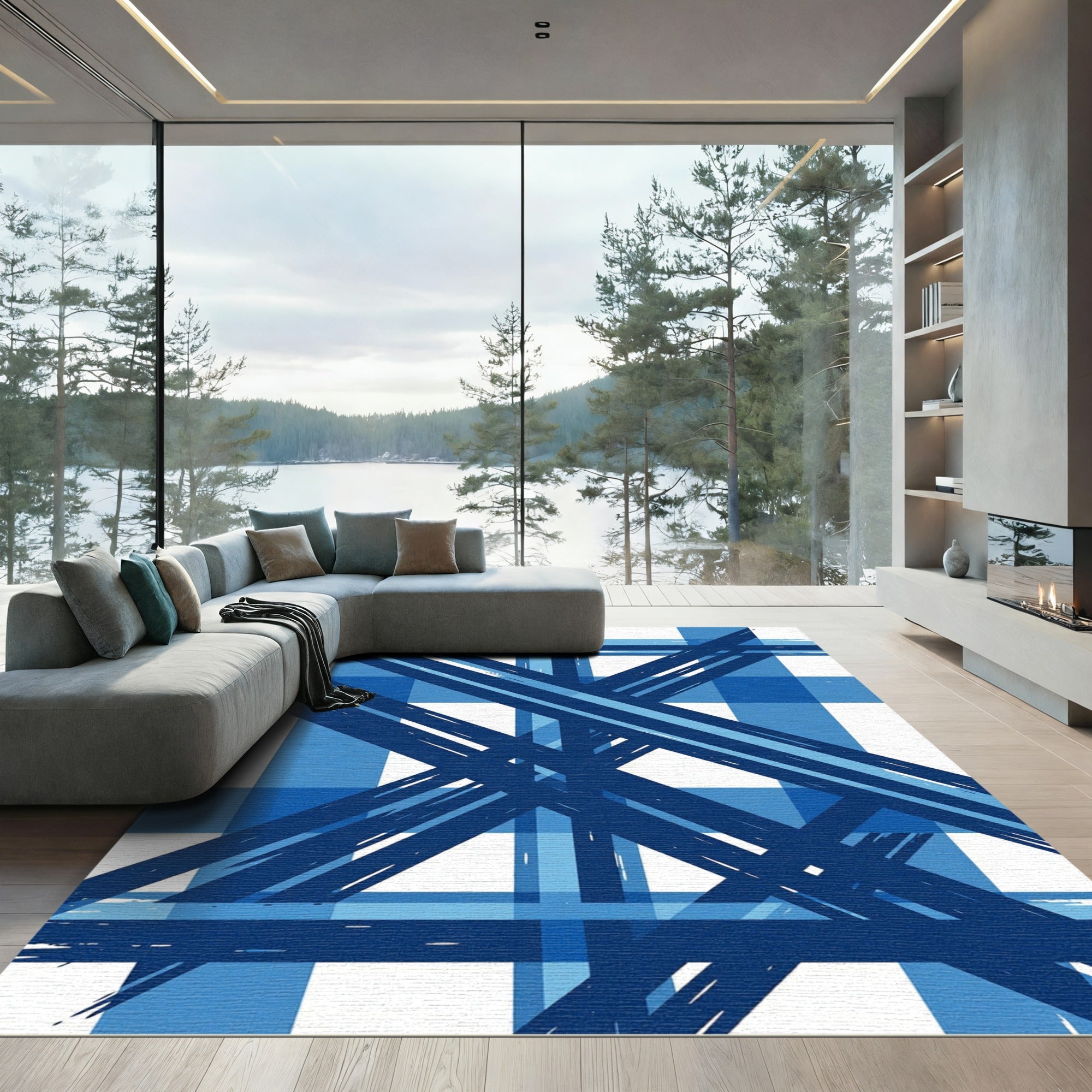 Bold Blue Plaid Brushstroke Rug