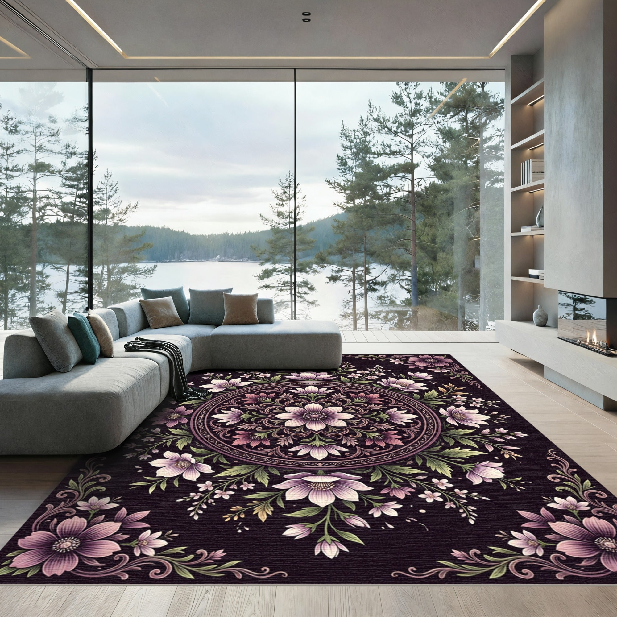 Elegant Purple Floral Medallion Composition Rug