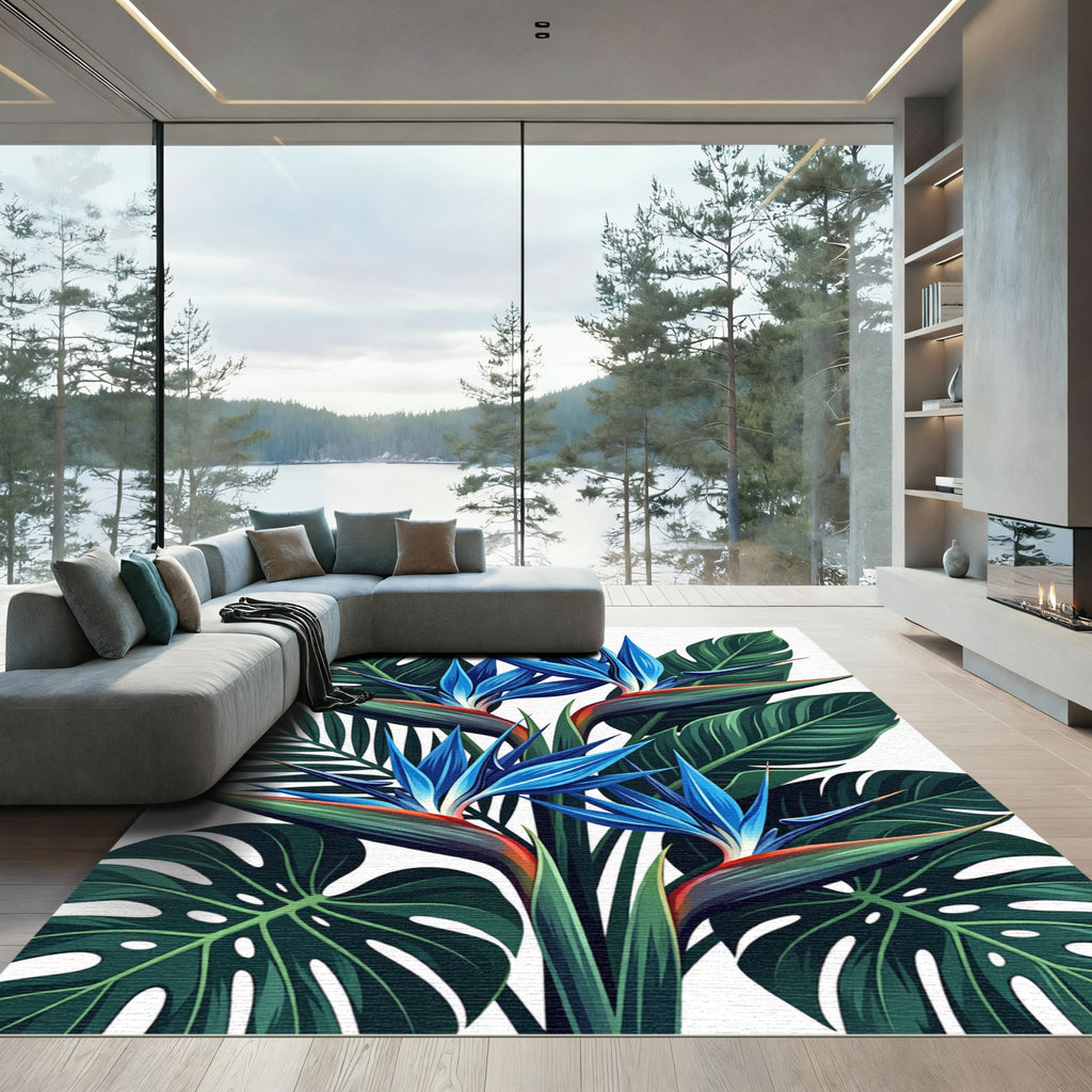 Vibrant Blue Tropical Bird Paradise Rug