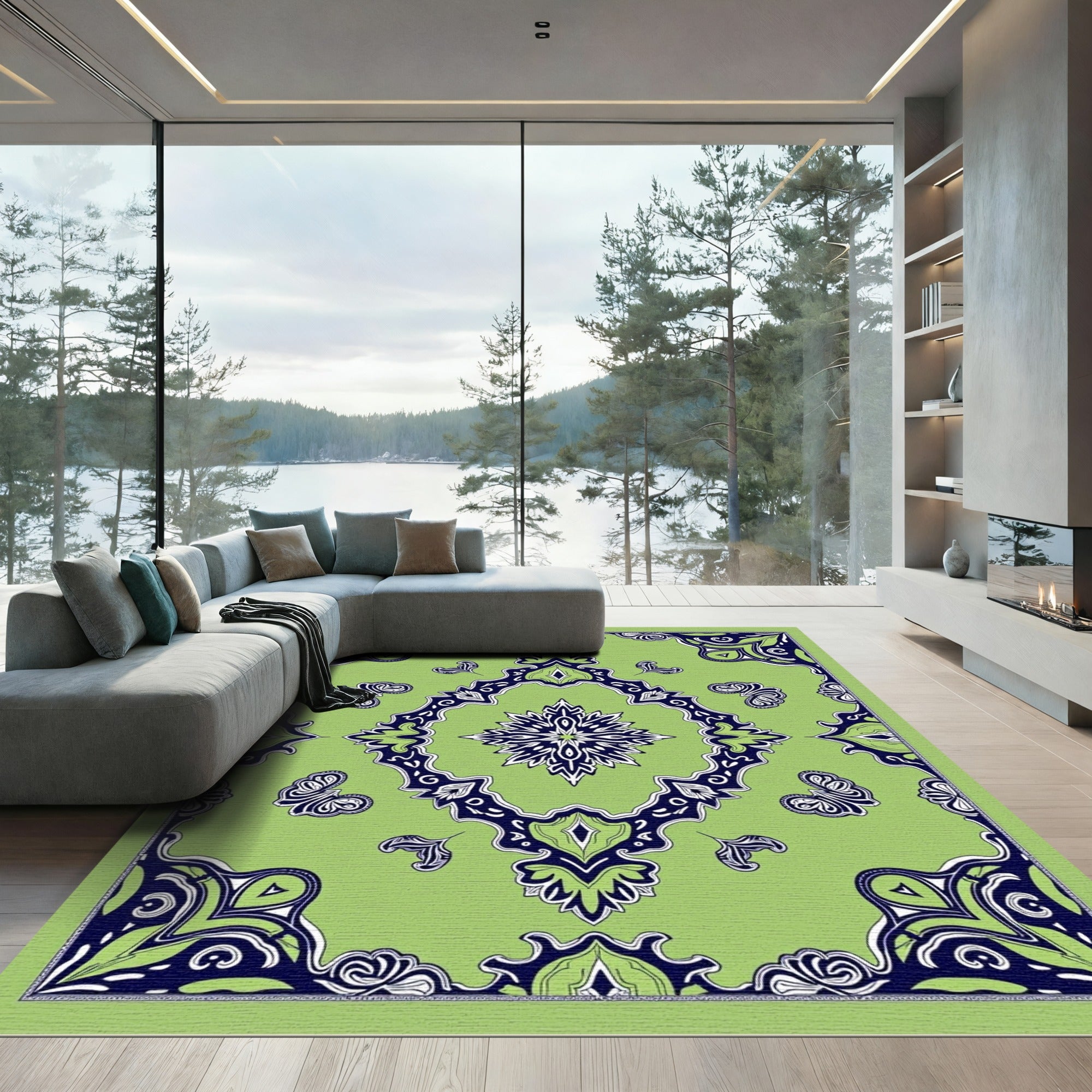 Lime Navy Mandala Floral medallion Rug