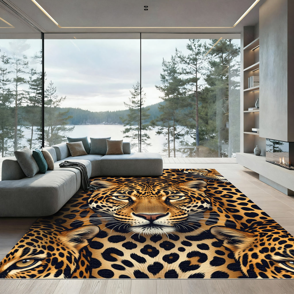 Golden Leopard Face Geometric Texture Rug