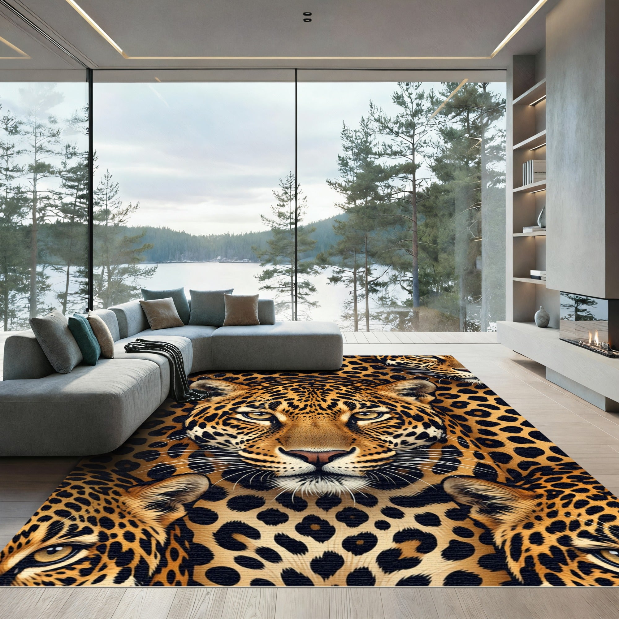 Golden Leopard Face Geometric Texture Rug