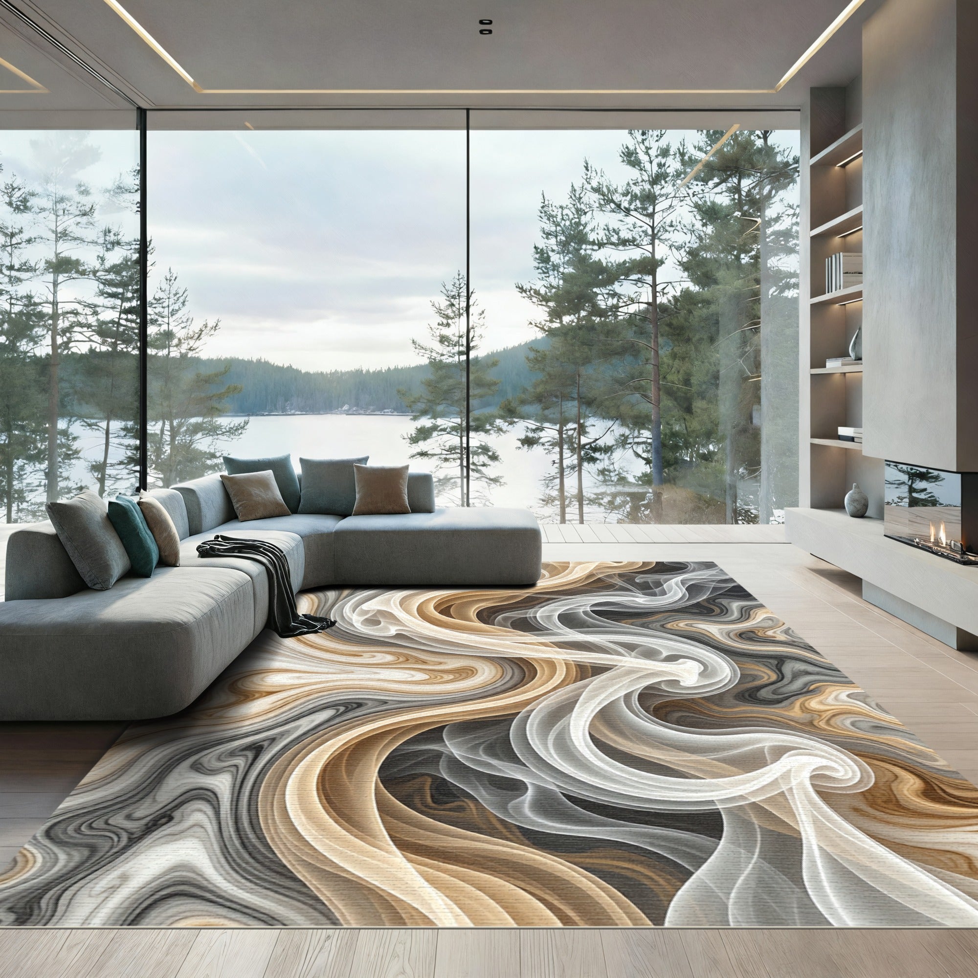 Abstract Gold Swirl Marble Texture Rug