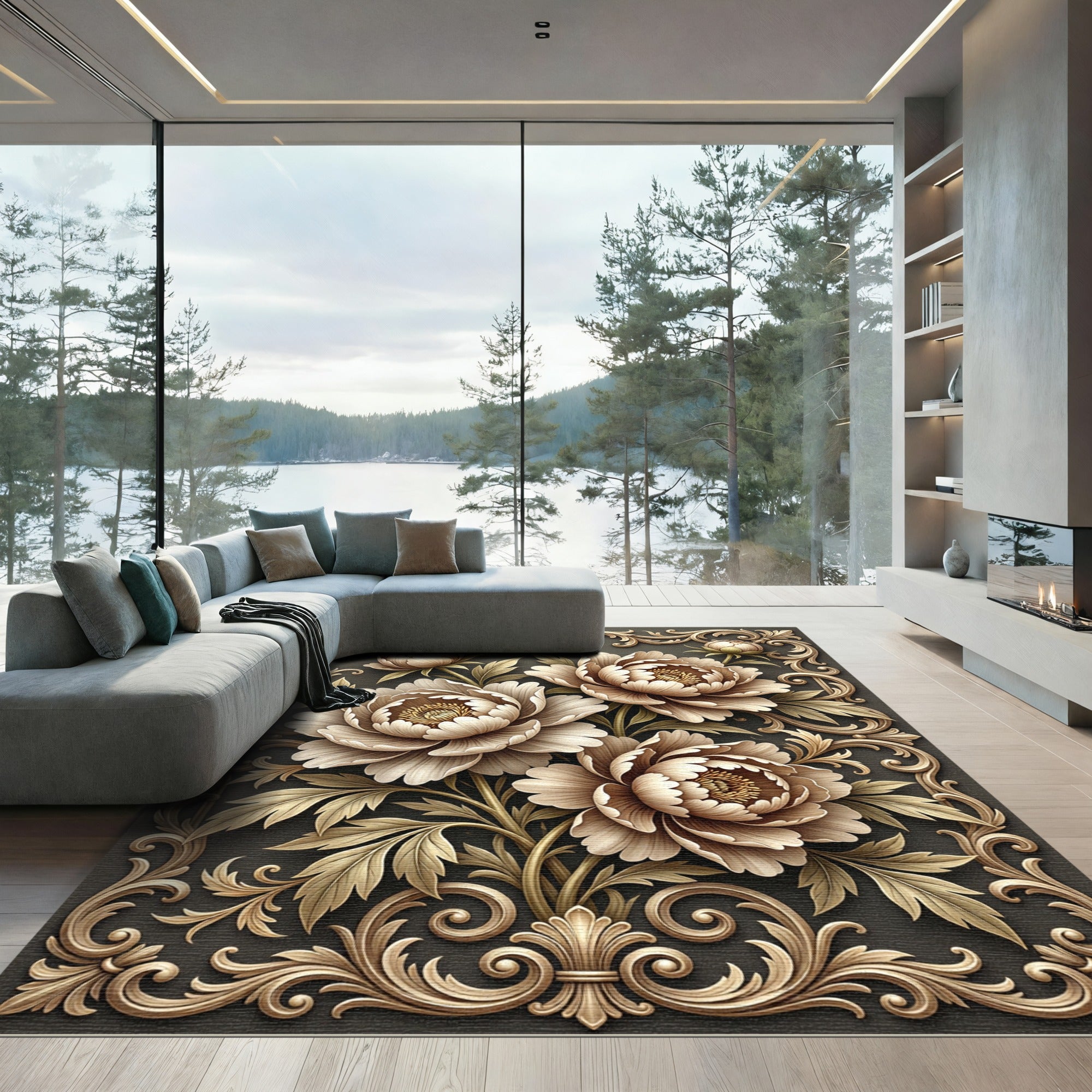 Golden Floral Scrollwork Peony Rug