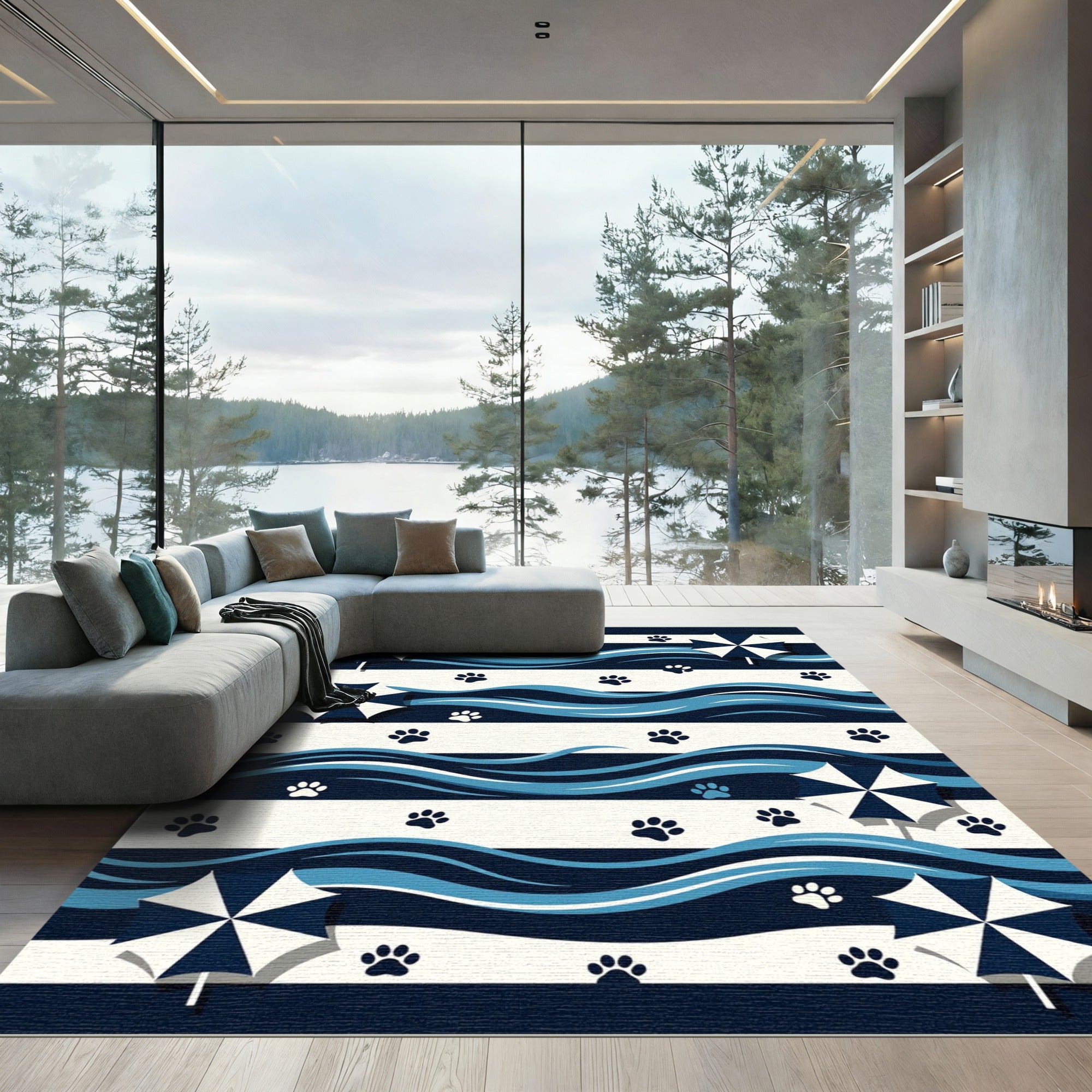 Navy Blue Coastal Paw Umbrella Stripe Rug