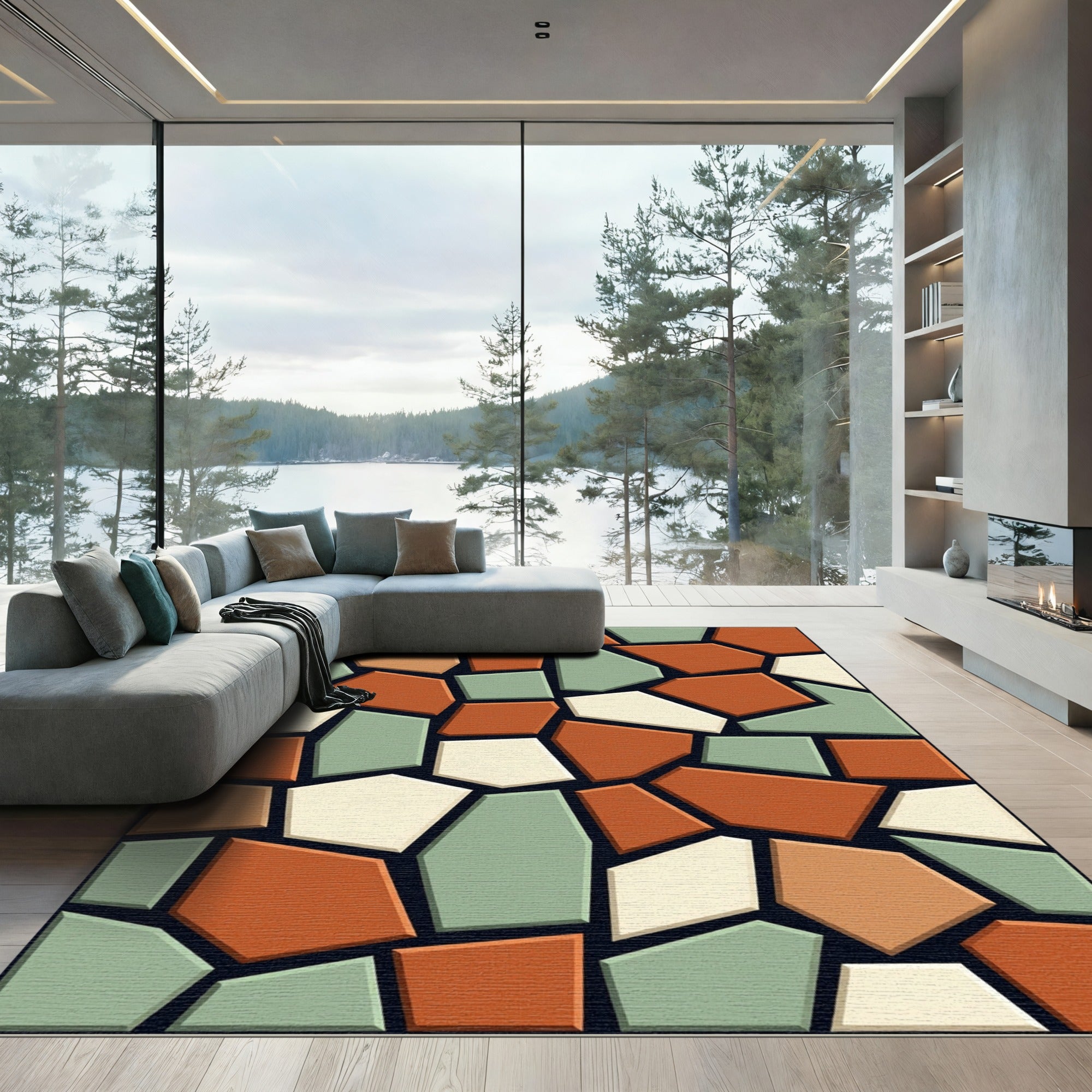 Modern Earthy Geometric Tiled Mosaic Rug