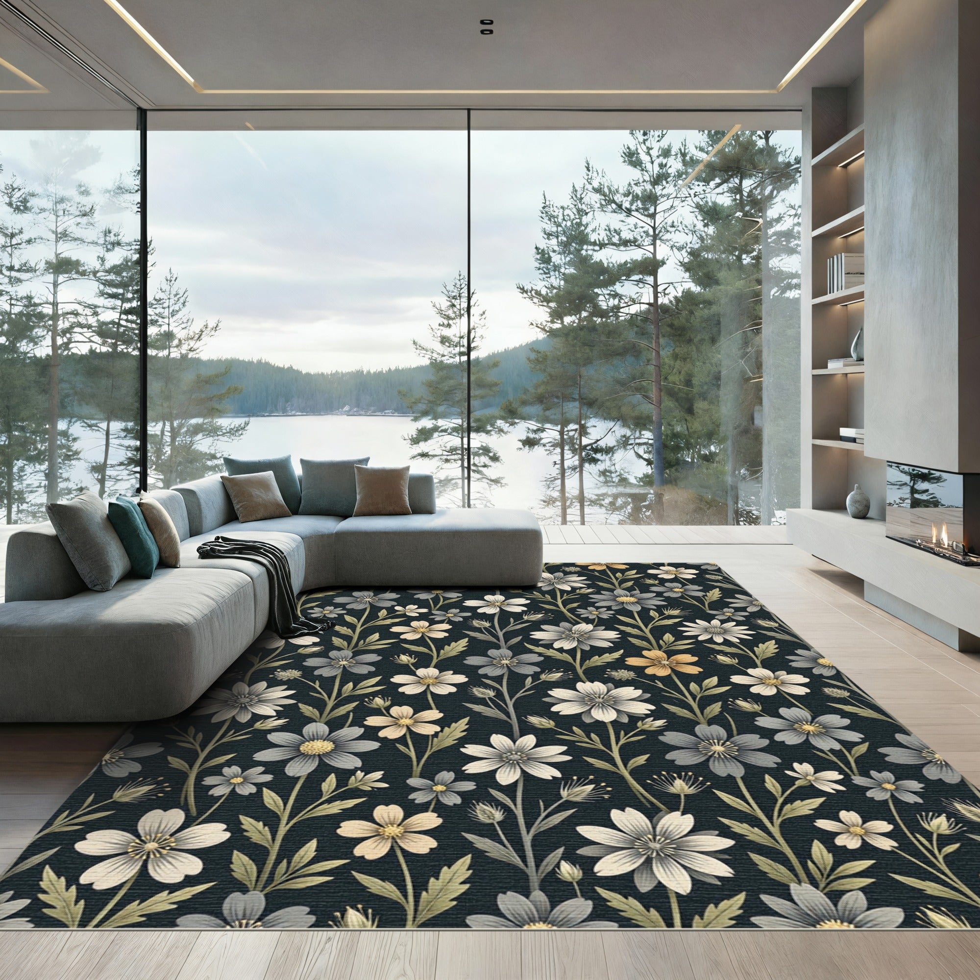 Dark Floral Botanical Garden Motif Rug