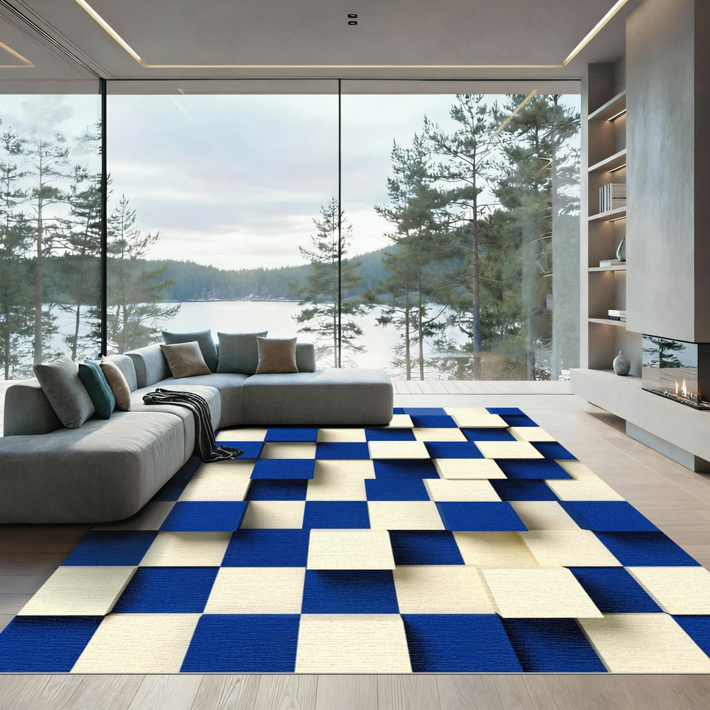 Blue Cream Dimensional Cube Composition Rug