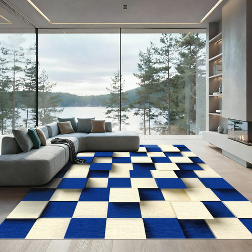 Blue Cream Dimensional Cube Composition Rug