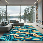Abstract Teal and Sand Wave Swirl Rug