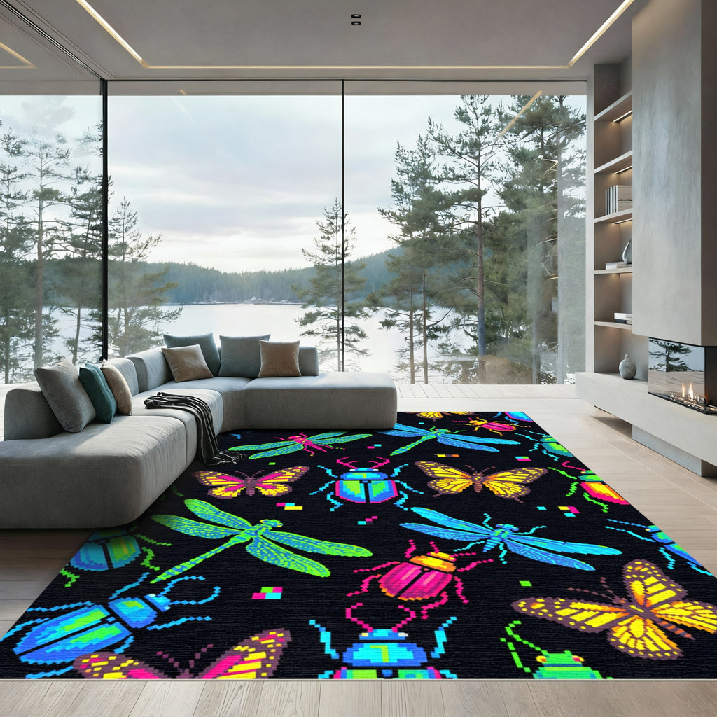 Neon Pixelated Insect Garden Art Rug