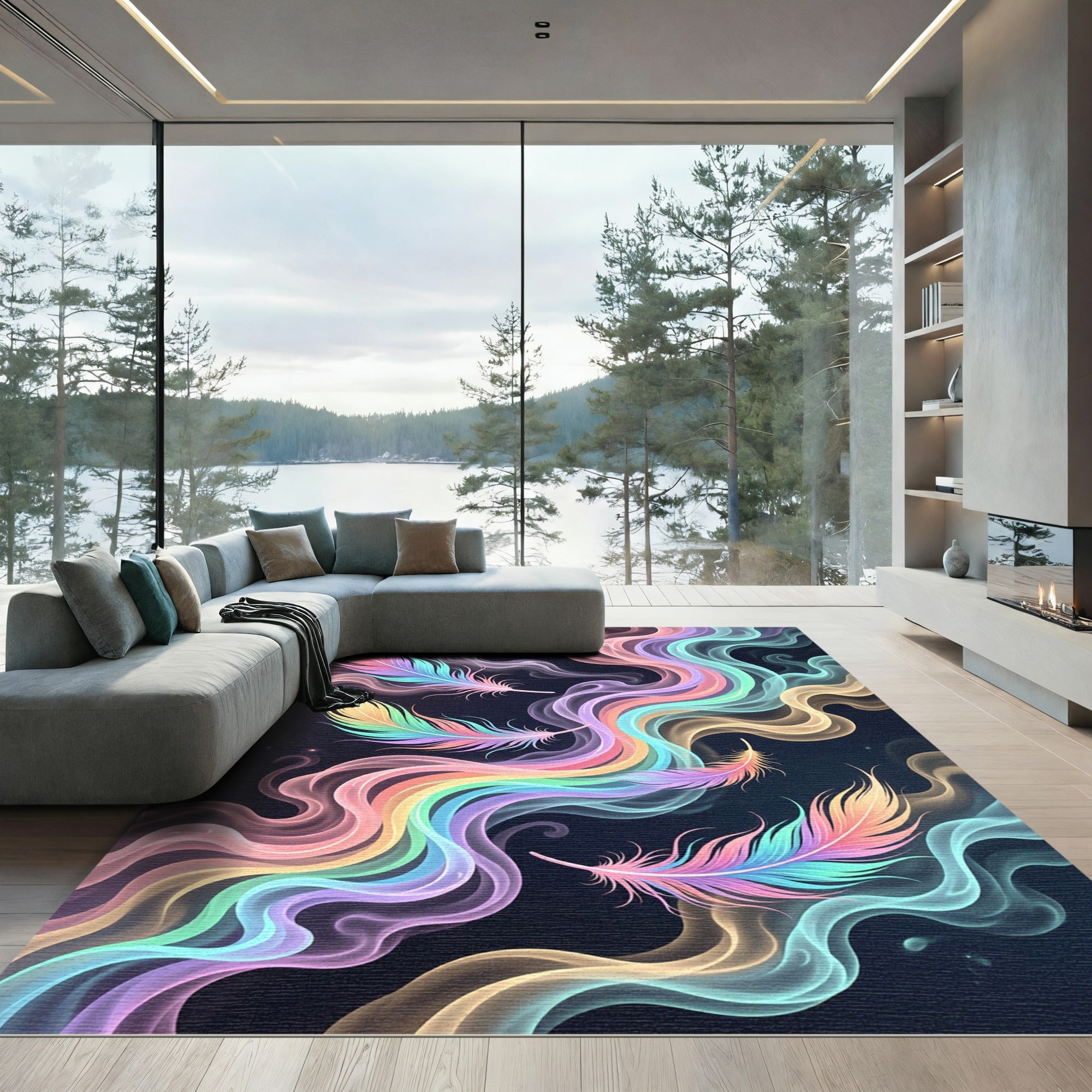 Iridescent Feather and Pastel Smoke Swirl Rug