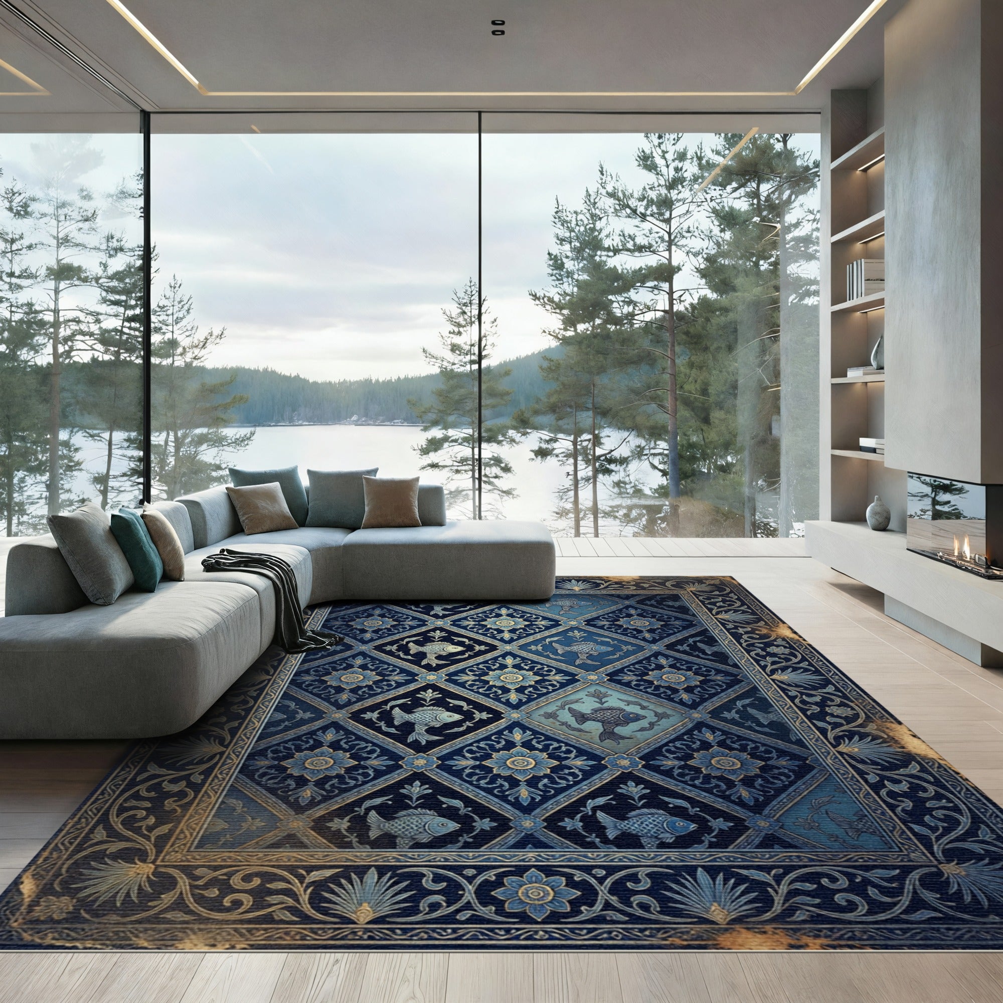 Navy Aquatic Koi Floral Tile Rug
