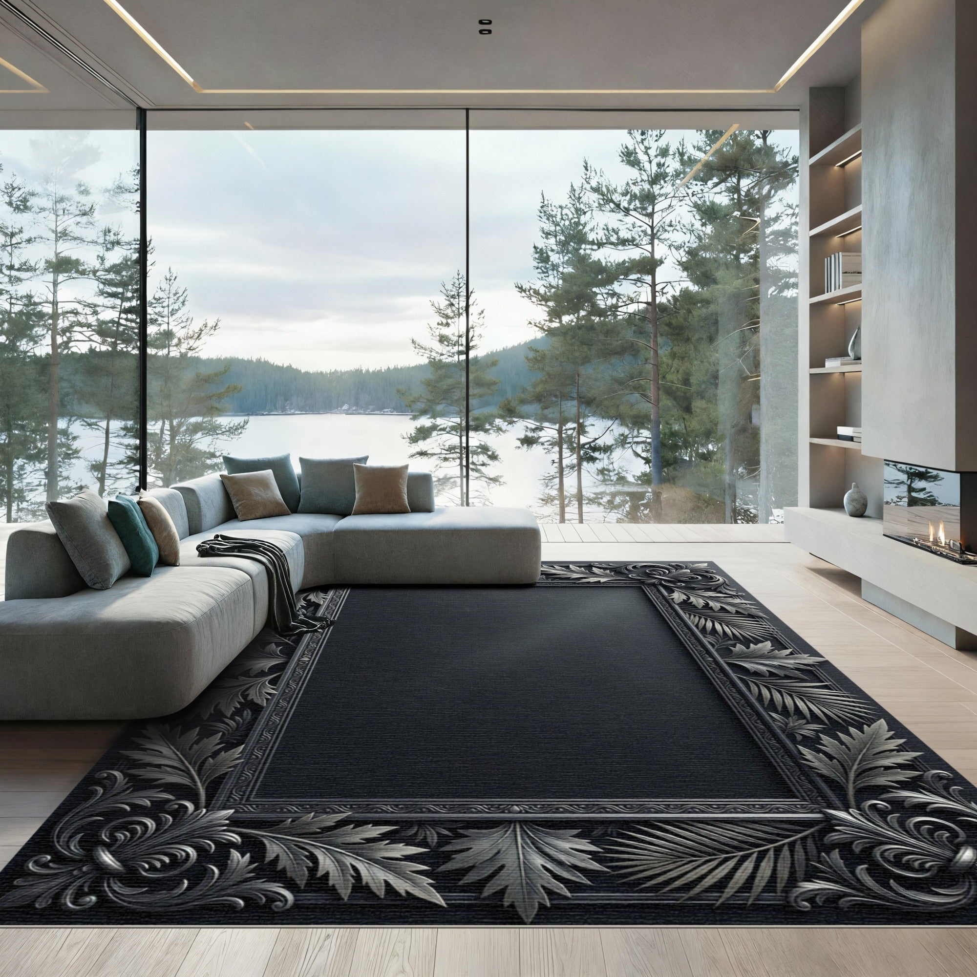 Ornate Silver Leaf Scroll Frame Rug