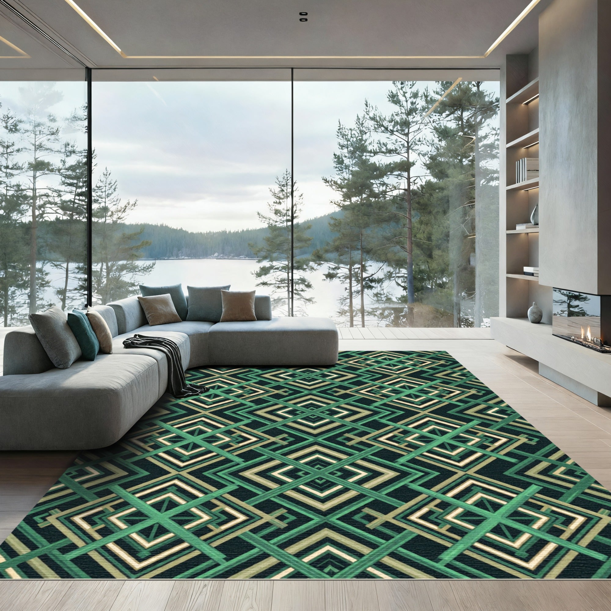Emerald Geometric Interlocking Lines Rug