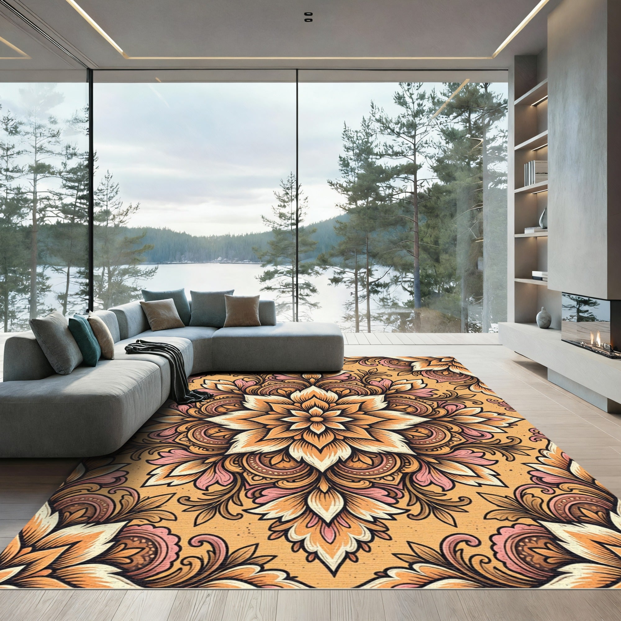 Ornate Golden Amber Floral Symmetry Rug