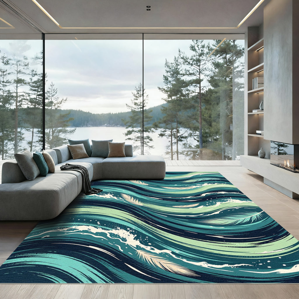 Teal Ocean Waves Feather Swirl Rug