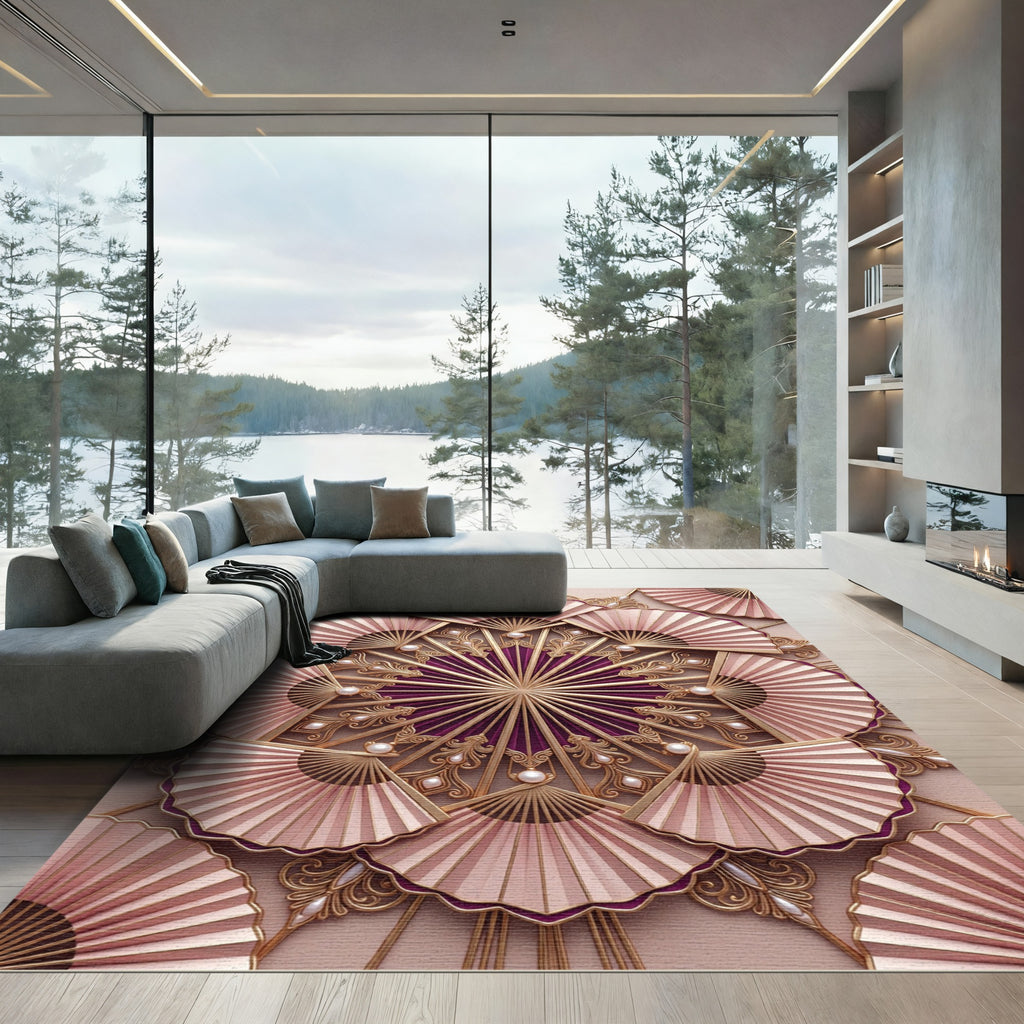 Elegant Rose Gold Fan Medallion Rug