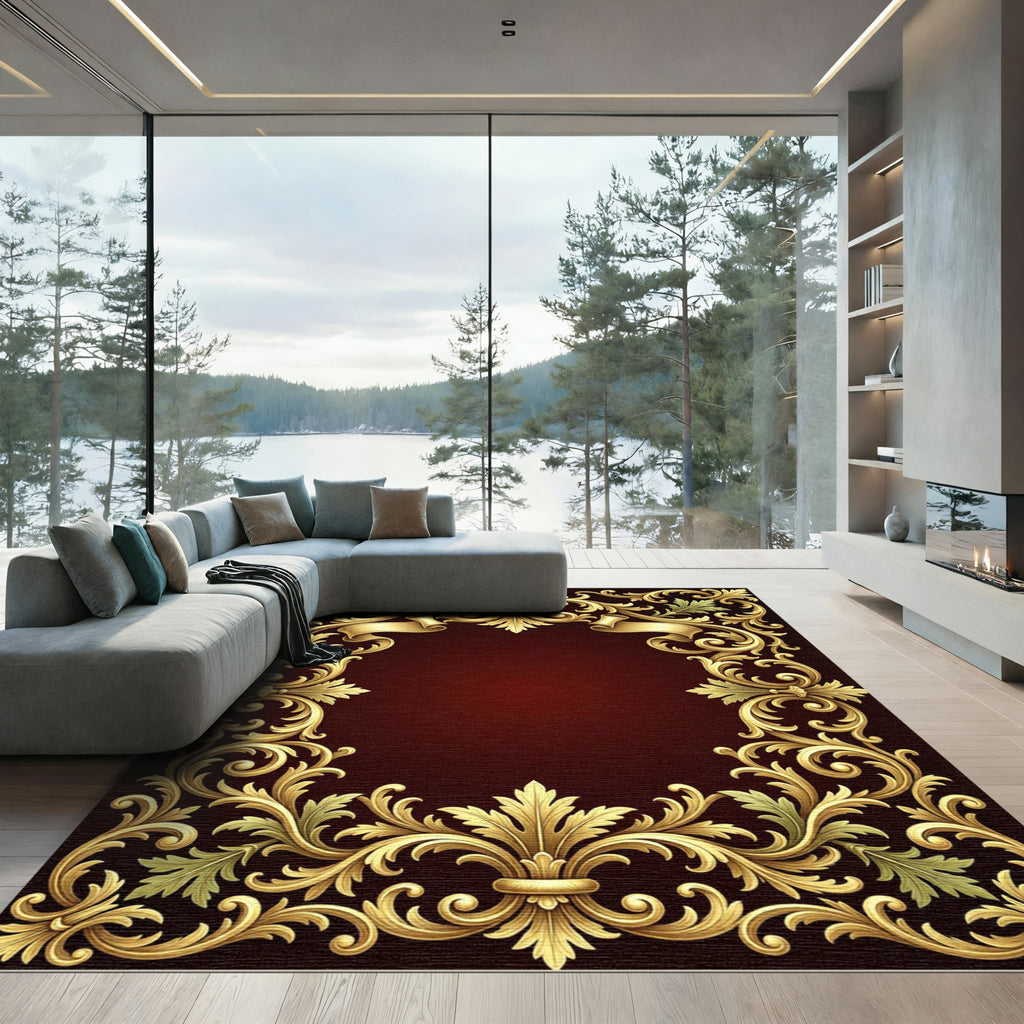 Ornate Gold Scroll Ribbon Damask Rug