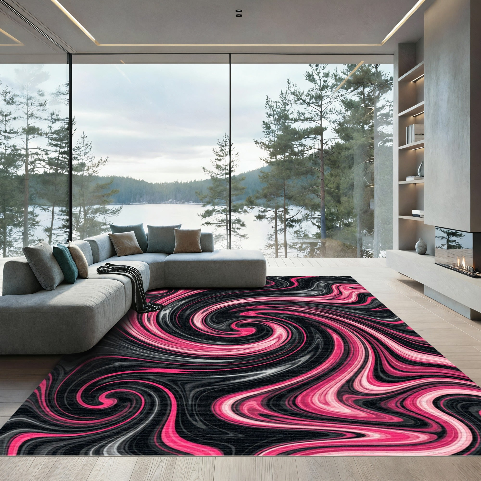 Vibrant Hot Pink Dark Abstract Swirl Rug